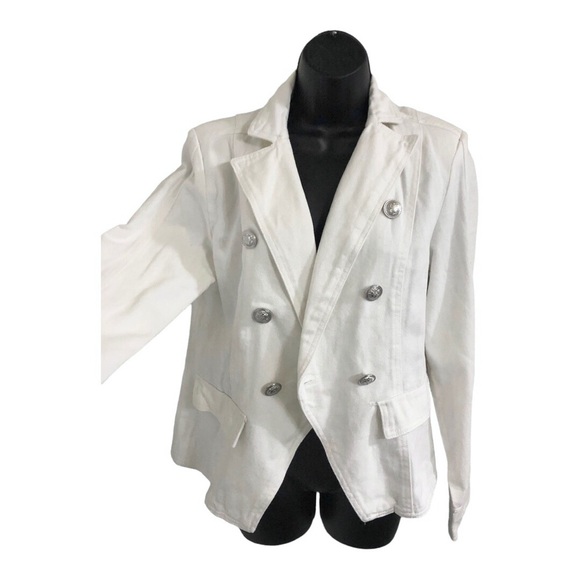 White stretch denim double breasted military style jean‎ jacket size medium new - Picture 5 of 16